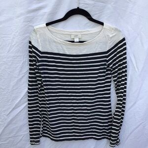 LOFT Women's Navy and White Striped Long Sleeve Top